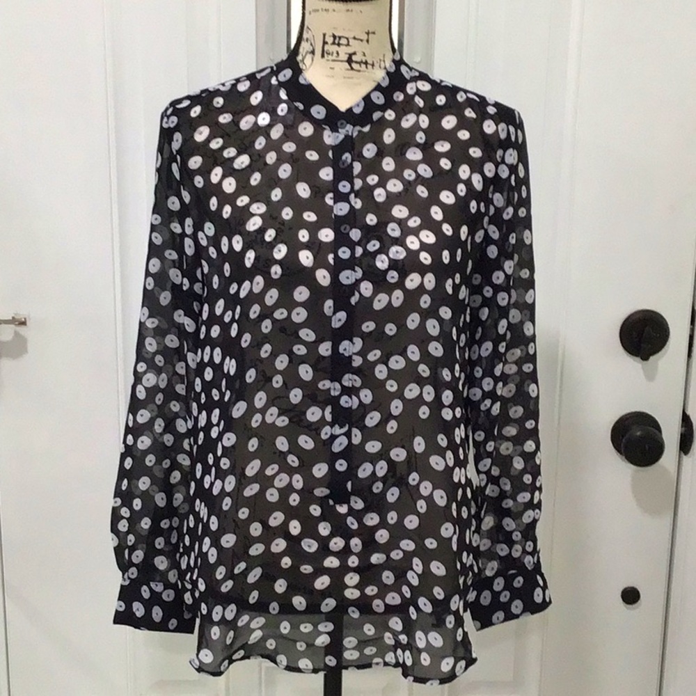 🆕 MNG Blouson Vidler Blouse Crew Neck Long Sleeves Sheer Fabric Button Front